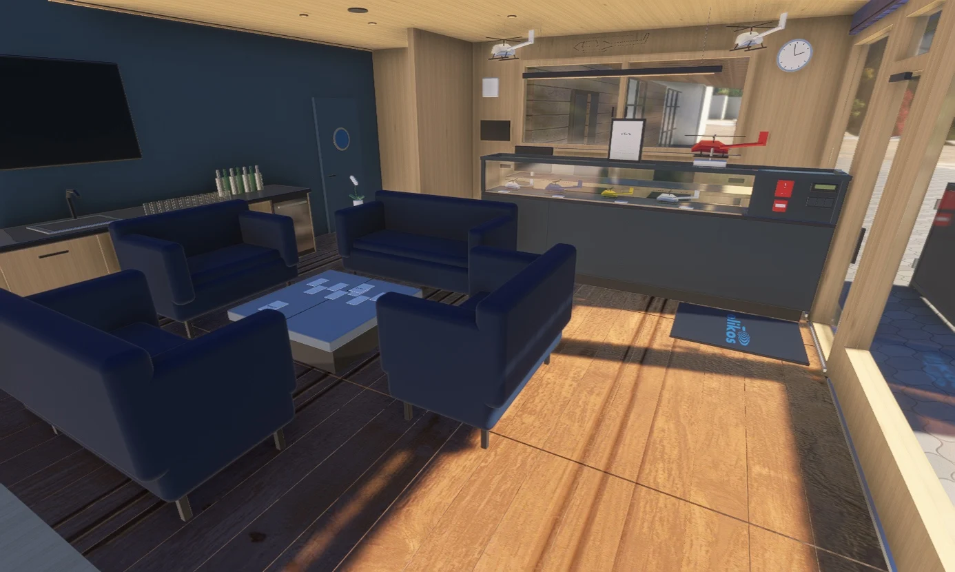 Timber-clad Elikos reception with blue sofas and model helicopters.