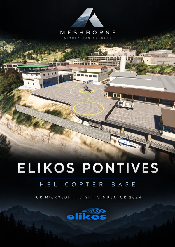Meshborne Elikos Pontives Helicopter Base promotional poster for Microsoft Flight Simulator 2024.
